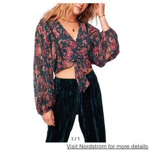 Band Of The Free River Deep Pine Paisley Tie Front Crop Top Small Cottagecore